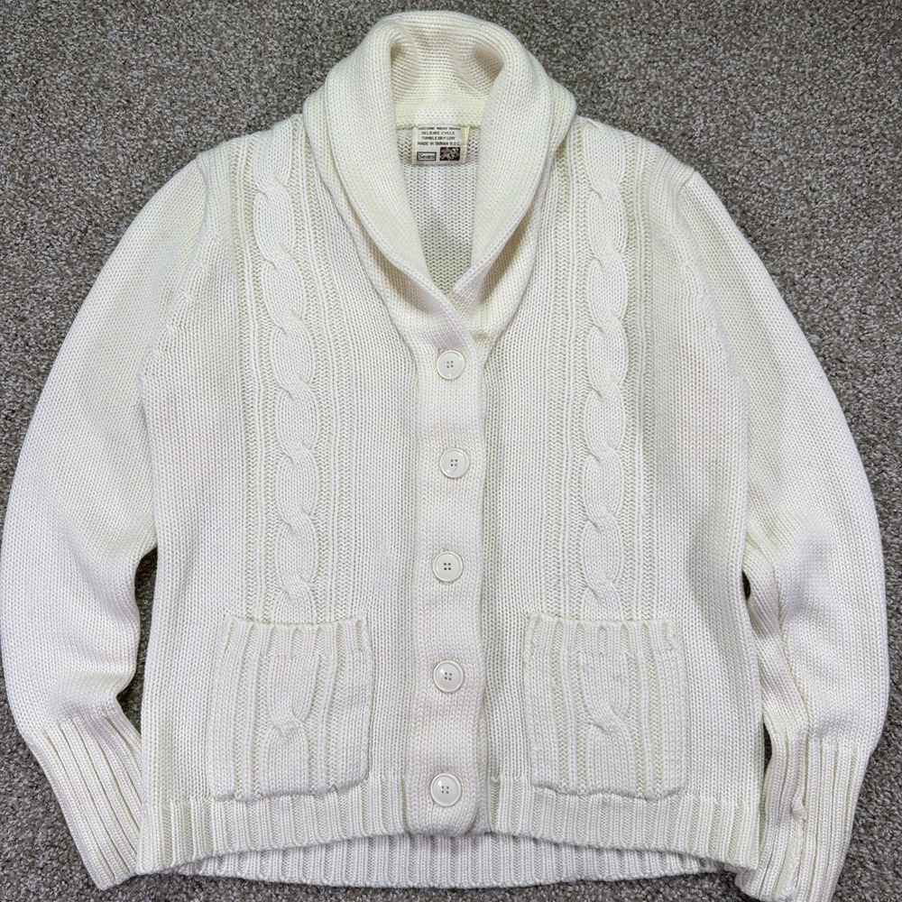 Vintage Women's Sears Cable Knit Double Pocket Cardigan Shawl Collar Large